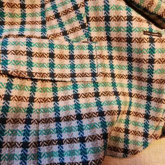 Talbots Brown/Teal Tweed Plaid Ruffled Blazer Elbow Patches Wool Blend Size 12P - Picture 7 of 12